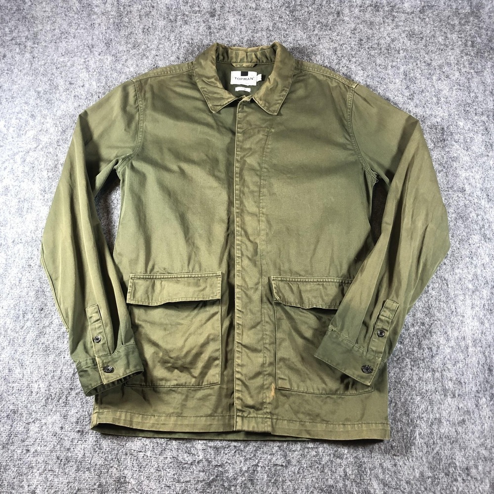 Topman Distressed Utility Jacket Mens L Green‎ Canvas Military Field Overshirt
